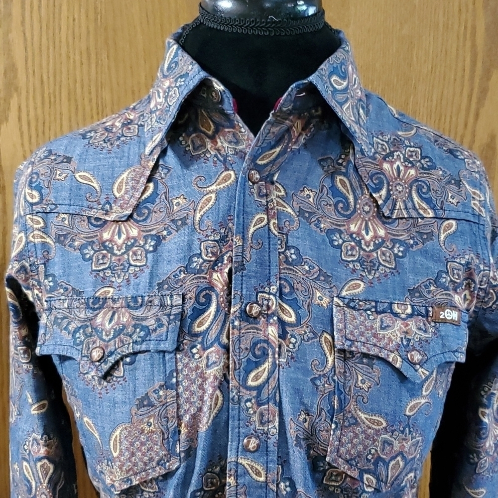 2OH Western cut denim paisley fringe snap up shirt